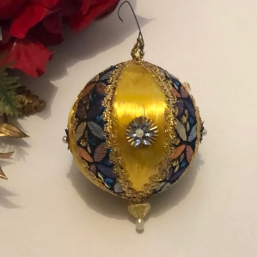 Gold Silk Ball Ornament Yellow Silk beaded ornament mid century Christmas